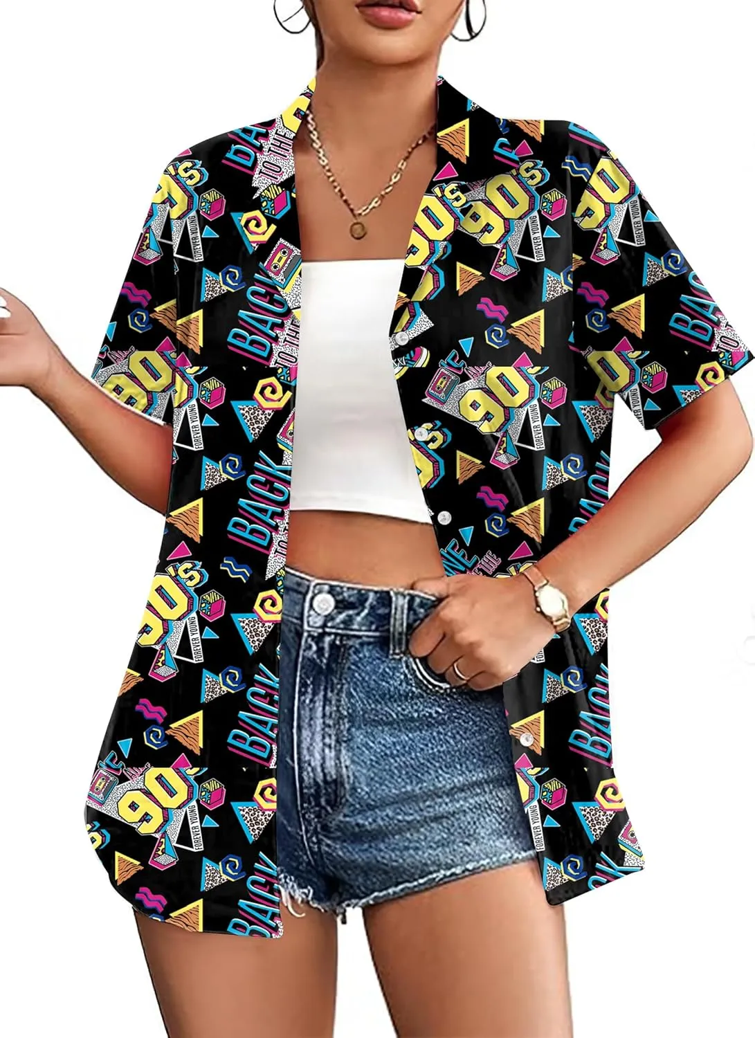 80s 90s Shirts for Women: 80's Neno Disco Party Tshirts 1980s Hawaiian Button Down Blouse Tops