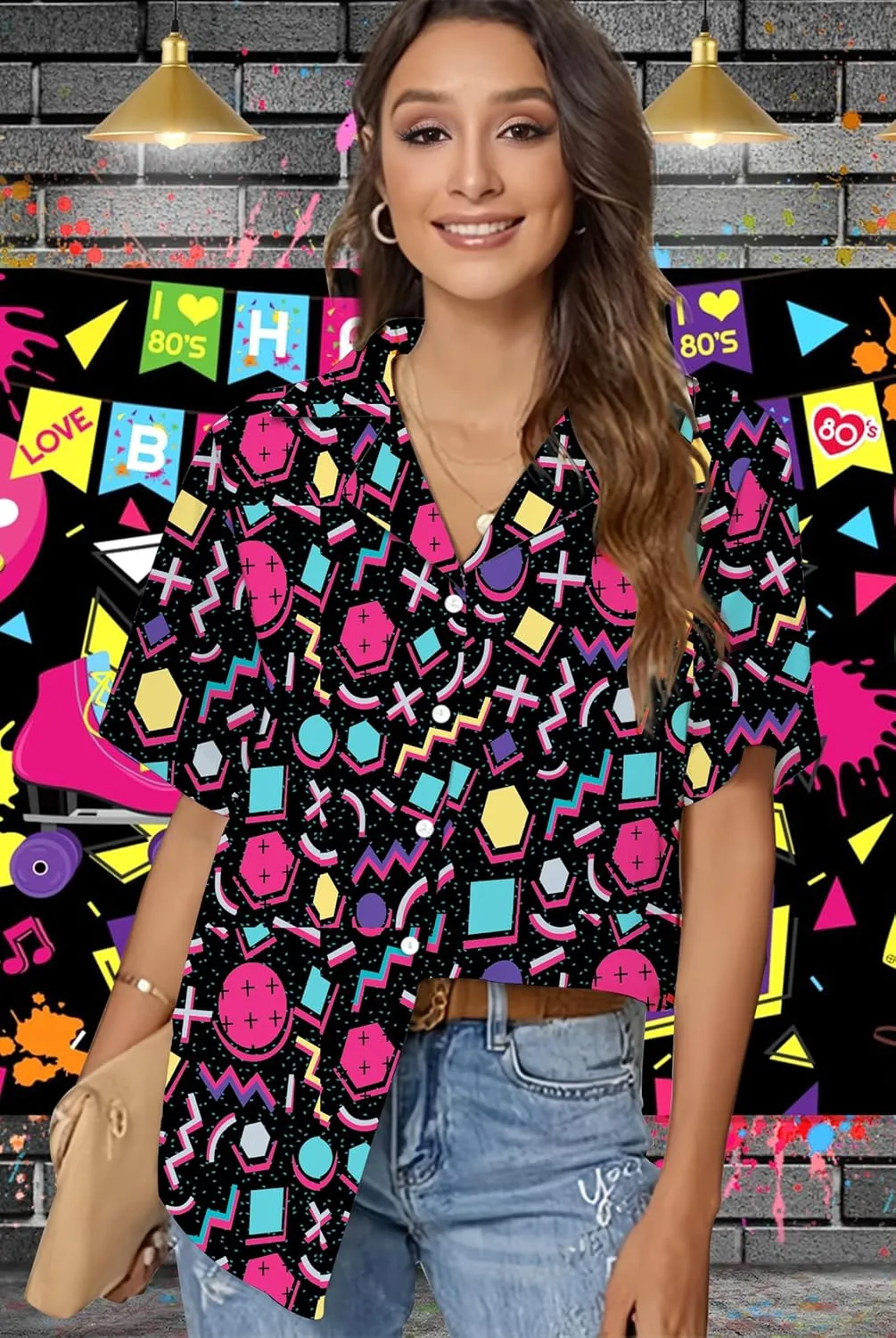 80s 90s Shirts for Women: 80's Neno Disco Party Tshirts 1980s Hawaiian Button Down Blouse Tops