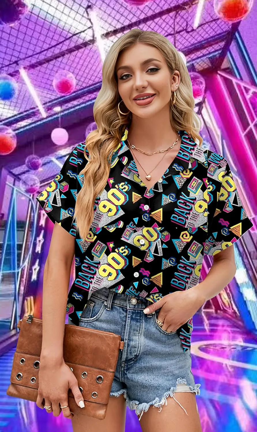80s 90s Shirts for Women: 80's Neno Disco Party Tshirts 1980s Hawaiian Button Down Blouse Tops