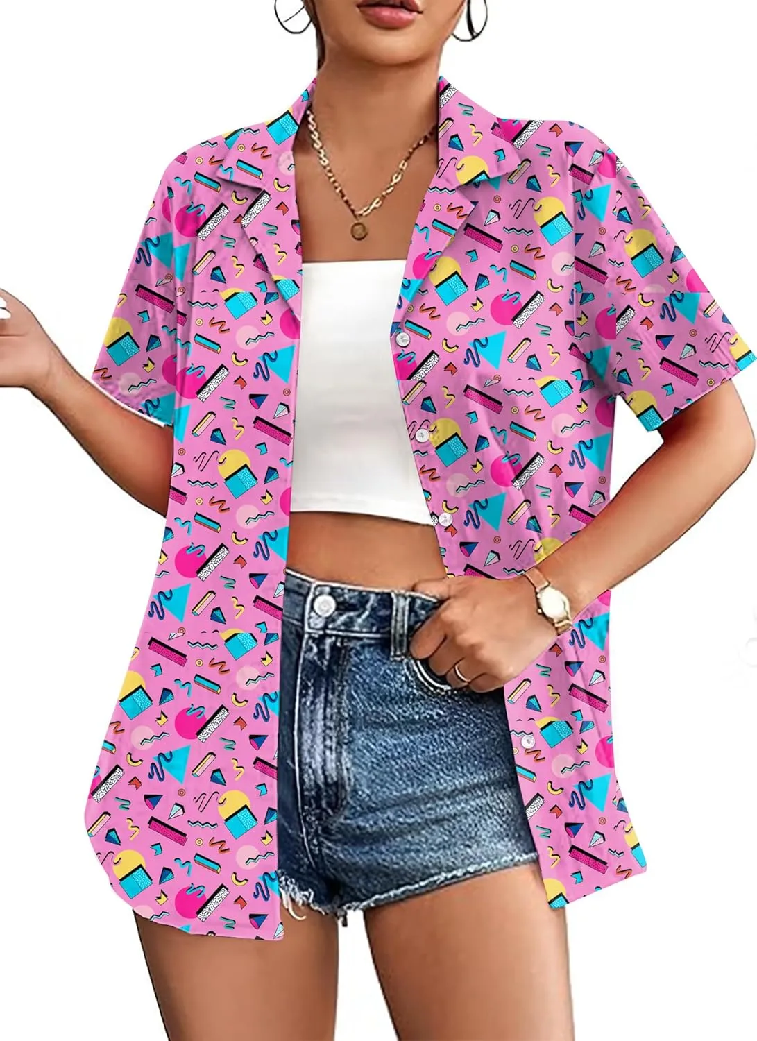80s 90s Shirts for Women: 80's Neno Disco Party Tshirts 1980s Hawaiian Button Down Blouse Tops