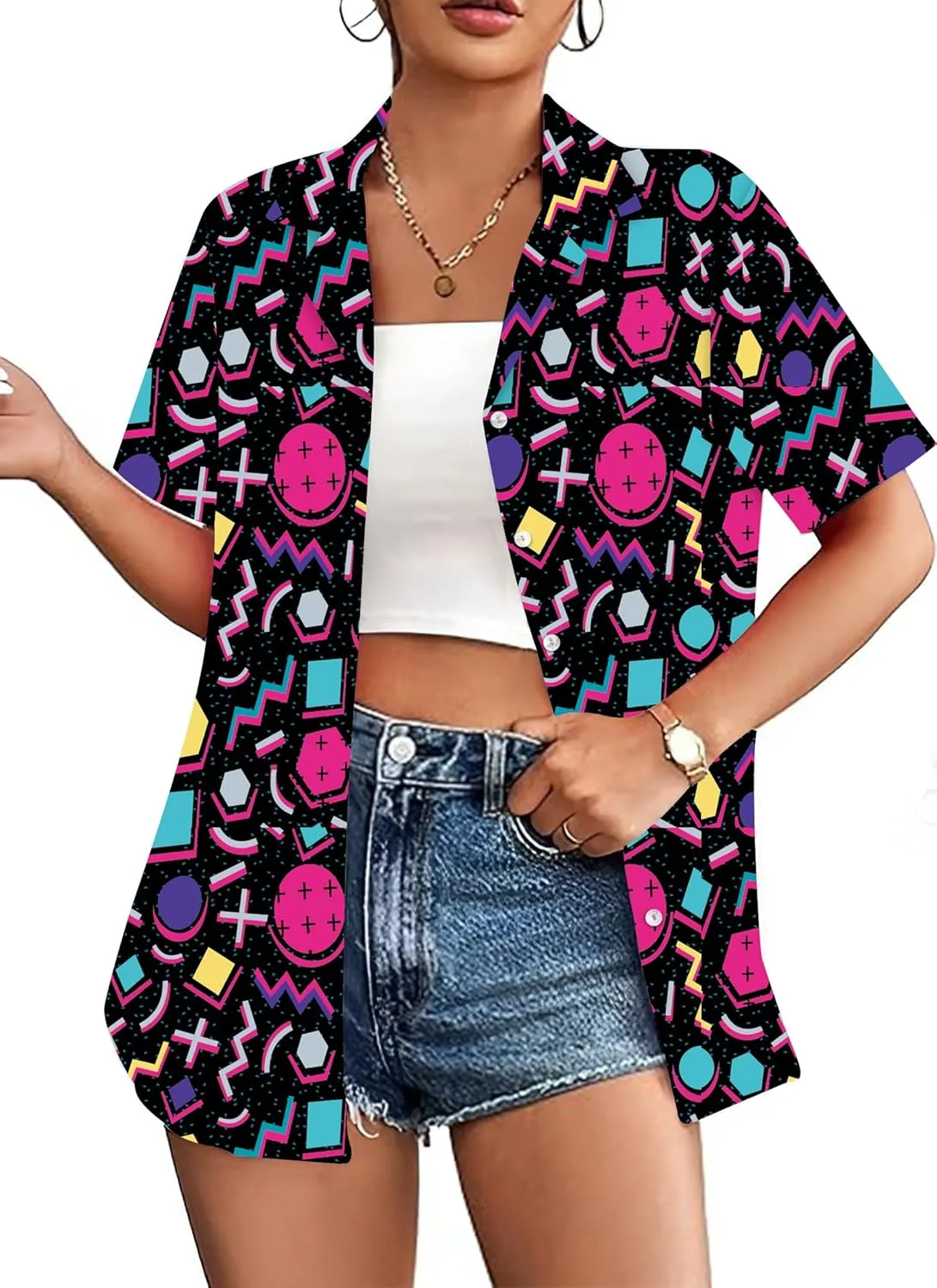 80s 90s Shirts for Women: 80's Neno Disco Party Tshirts 1980s Hawaiian Button Down Blouse Tops
