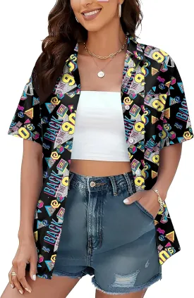80s 90s Shirts for Women: 80's Neno Disco Party Tshirts 1980s Hawaiian Button Down Blouse Tops