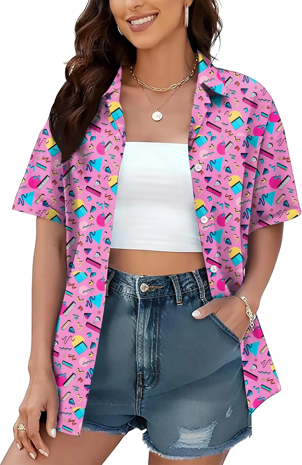 80s 90s Shirts for Women: 80's Neno Disco Party Tshirts 1980s Hawaiian Button Down Blouse Tops