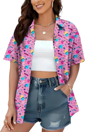 80s 90s Shirts for Women: 80's Neno Disco Party Tshirts 1980s Hawaiian Button Down Blouse Tops