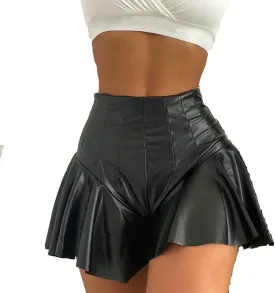 ABAFIP Women's Shiny PU Leather Shorts High Waist Ruffle Dance Bottoms Booty Shorts Rave Mini Hot Pants