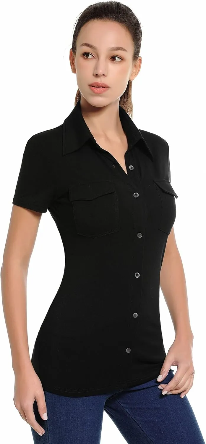 AmlieBoutik Women Collar Button Up Short/Long Sleeve Blouse Shirt