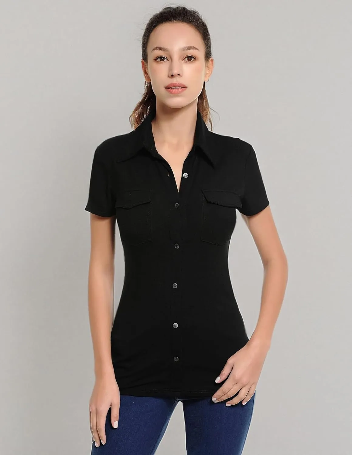 AmlieBoutik Women Collar Button Up Short/Long Sleeve Blouse Shirt