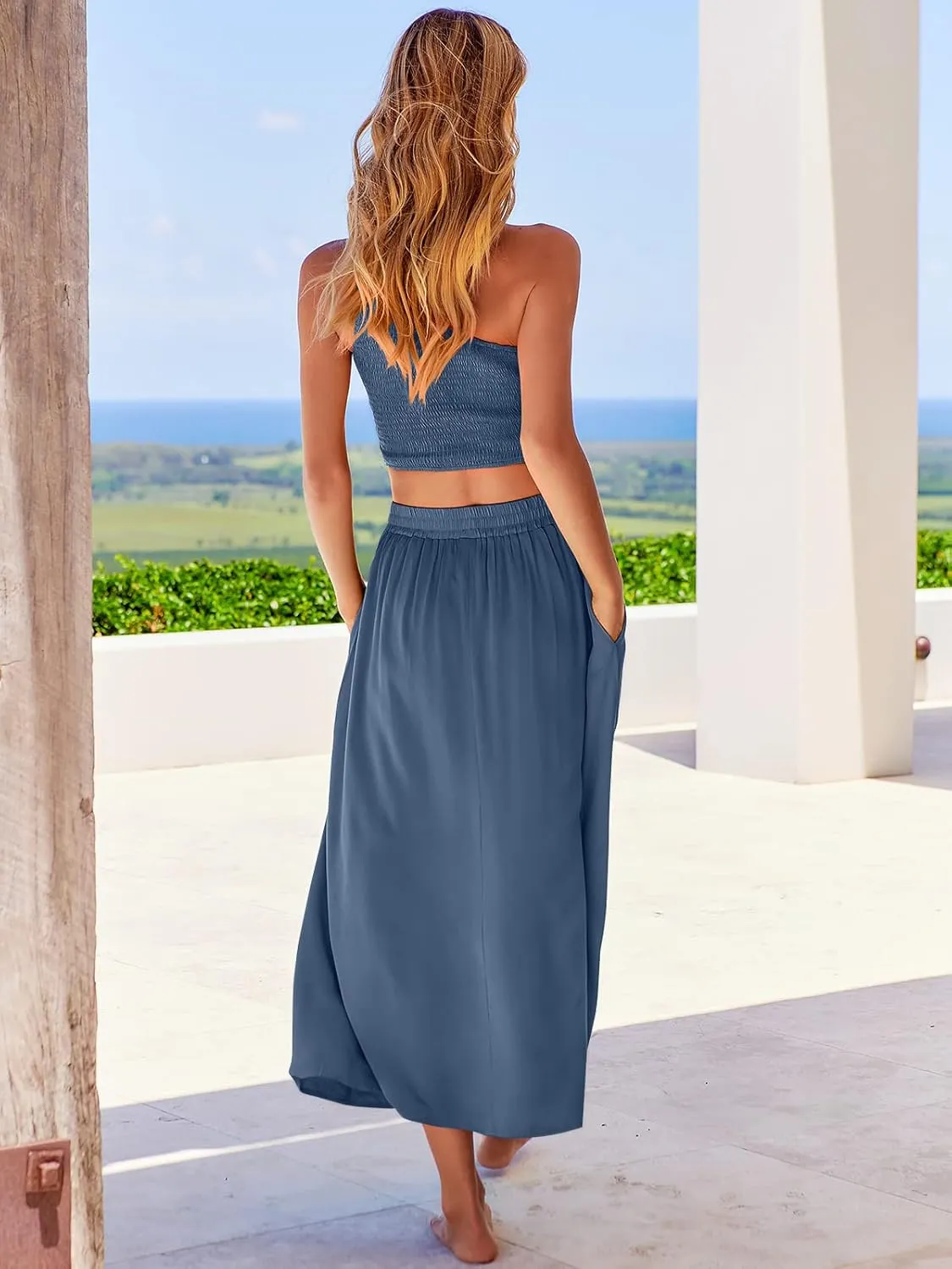 ANRABESS Women's 2 Pieces Outfits One Shoulder Smocked Crop Top & High Waist Long Skirt Dress Set with Pockets