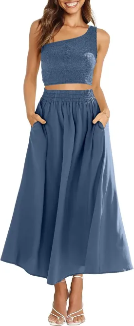 ANRABESS Women's 2 Pieces Outfits One Shoulder Smocked Crop Top & High Waist Long Skirt Dress Set with Pockets