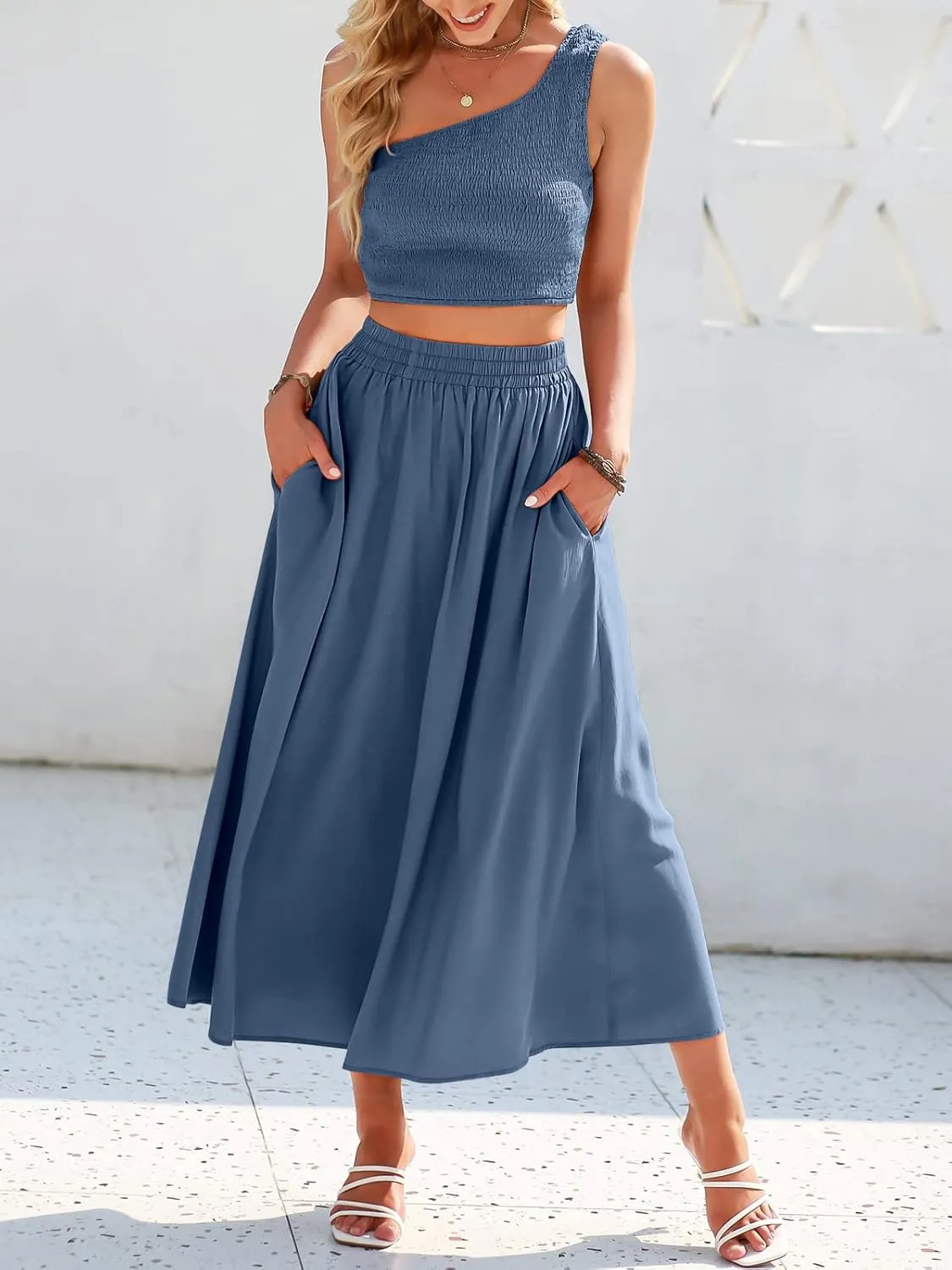 ANRABESS Women's 2 Pieces Outfits One Shoulder Smocked Crop Top & High Waist Long Skirt Dress Set with Pockets
