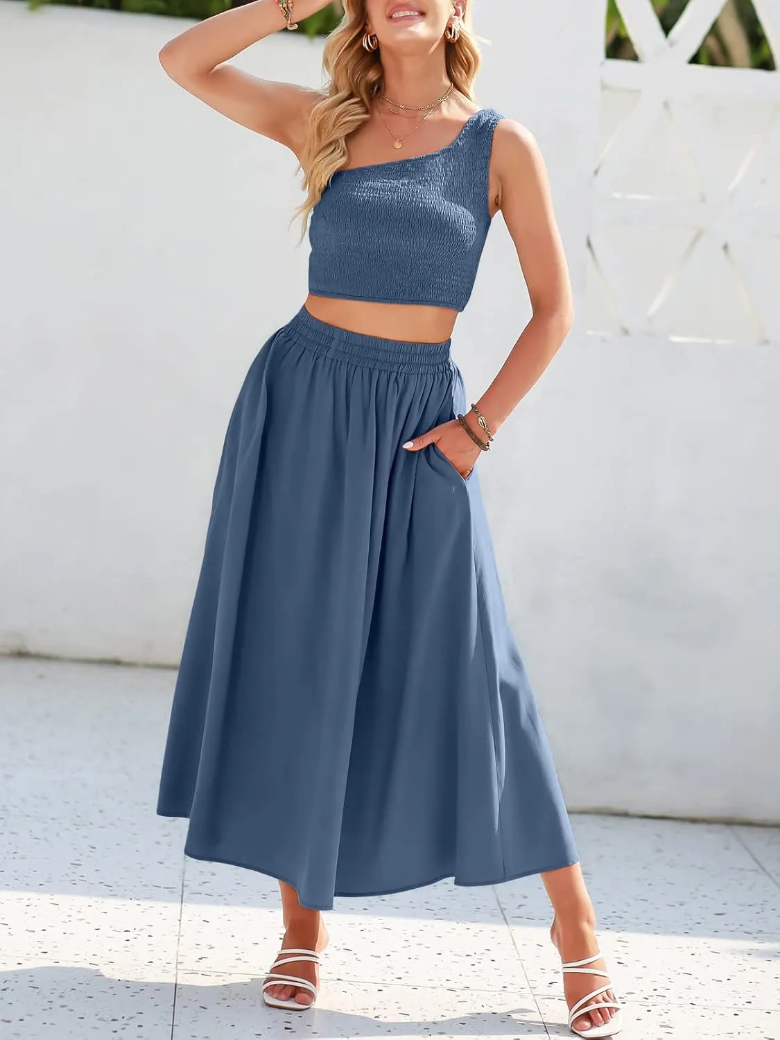 ANRABESS Women's 2 Pieces Outfits One Shoulder Smocked Crop Top & High Waist Long Skirt Dress Set with Pockets