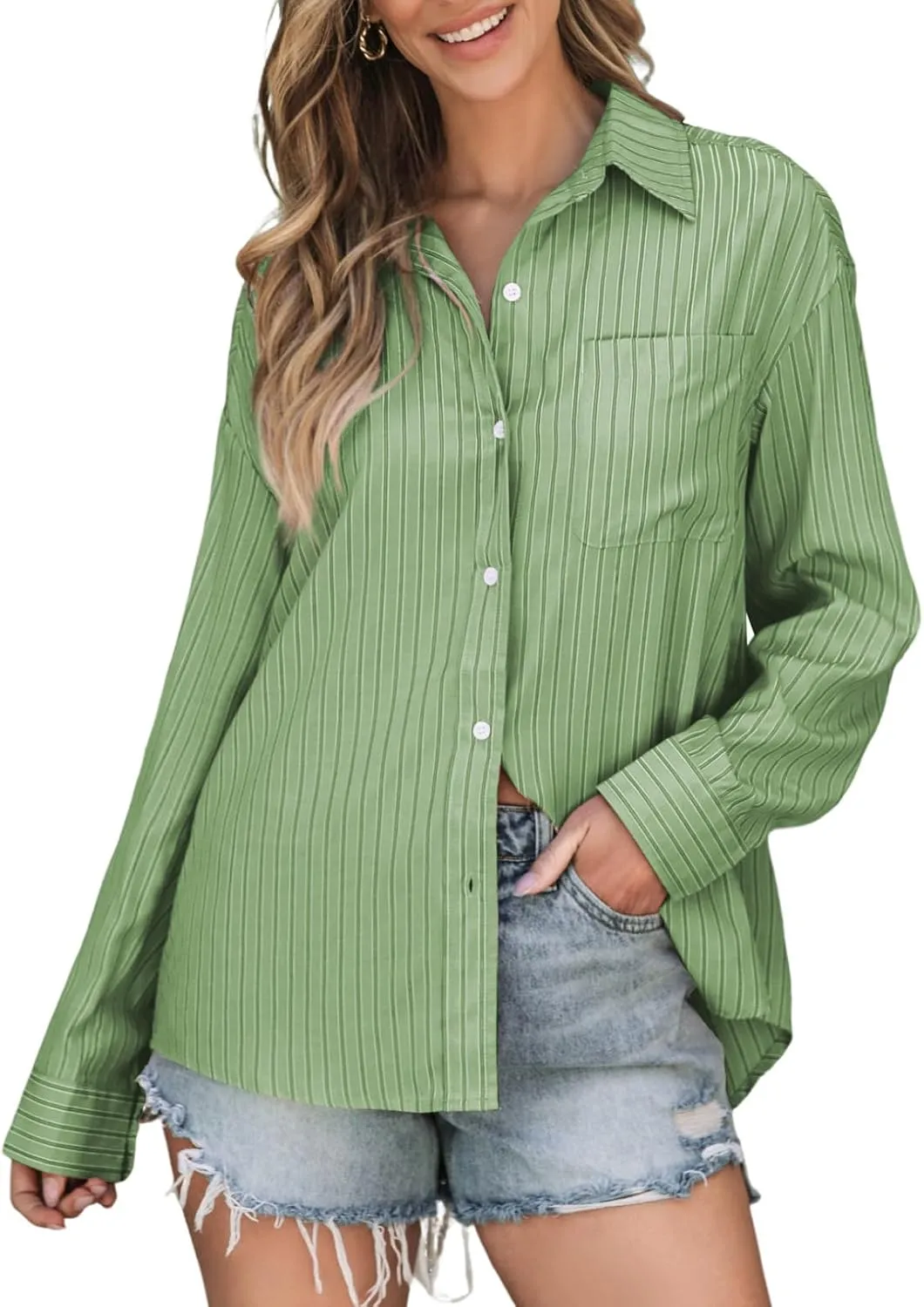 Astylish Women Blouses Oversized Striped Shirt Long Sleeve V Neck Button Down Work Tops