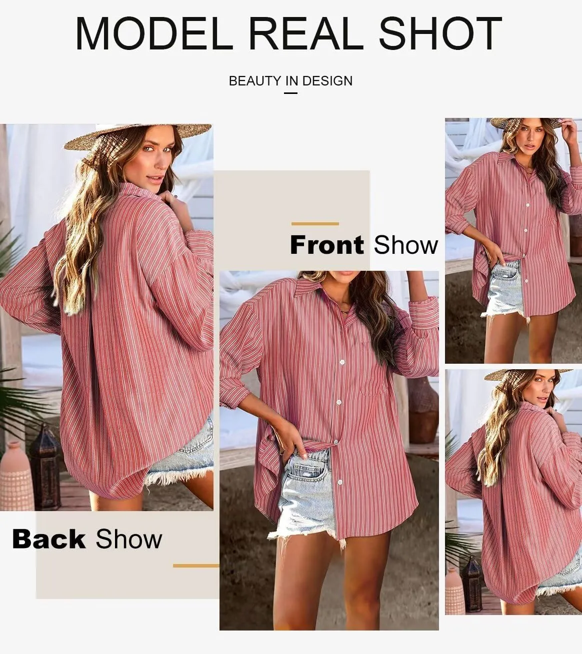 Astylish Women Blouses Oversized Striped Shirt Long Sleeve V Neck Button Down Work Tops