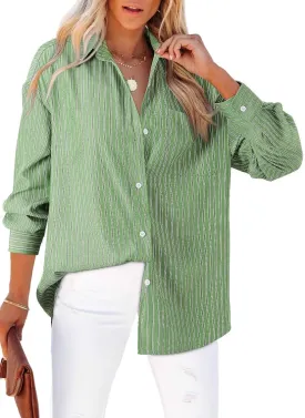 Astylish Women Blouses Oversized Striped Shirt Long Sleeve V Neck Button Down Work Tops