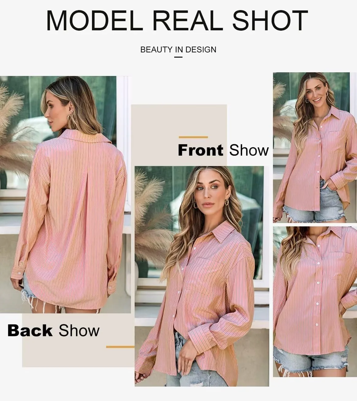 Astylish Women Blouses Oversized Striped Shirt Long Sleeve V Neck Button Down Work Tops