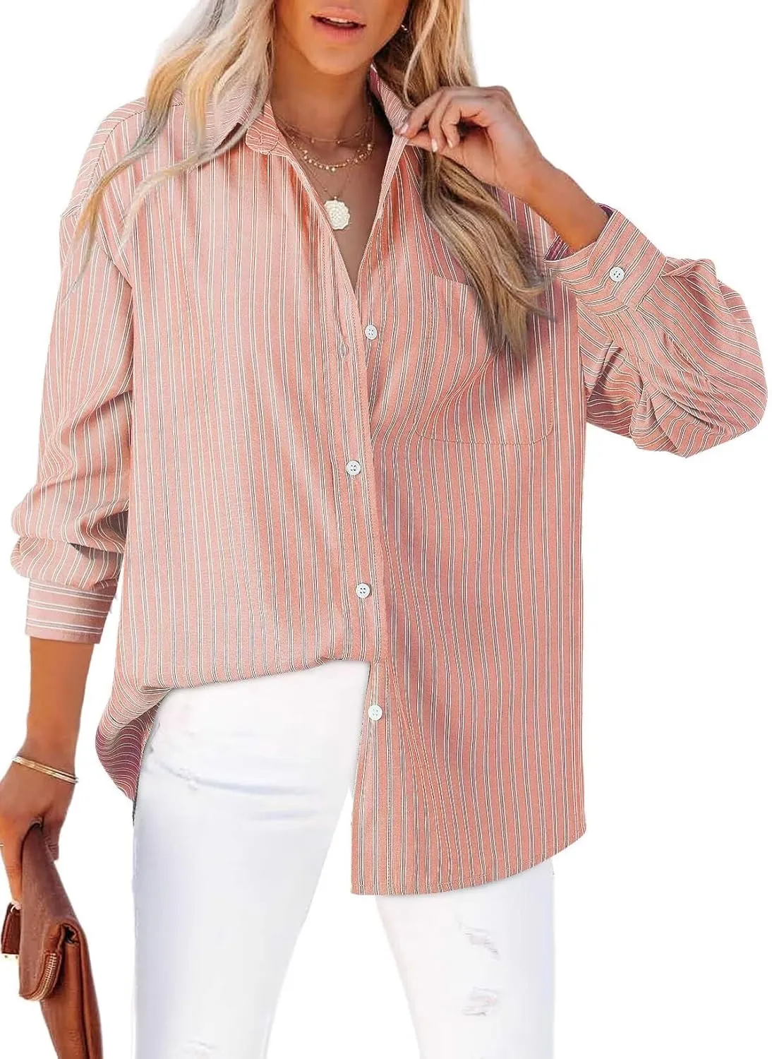Astylish Women Blouses Oversized Striped Shirt Long Sleeve V Neck Button Down Work Tops