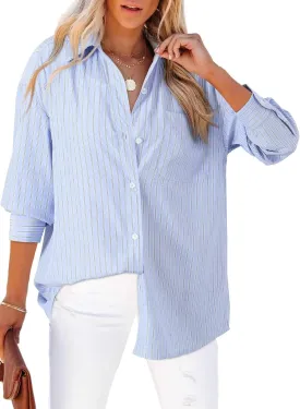 Astylish Women Blouses Oversized Striped Shirt Long Sleeve V Neck Button Down Work Tops