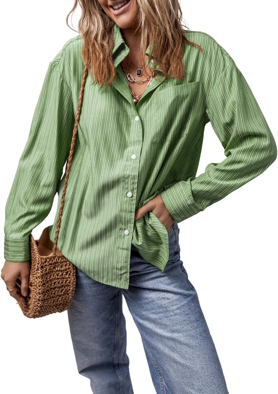 Astylish Women Blouses Oversized Striped Shirt Long Sleeve V Neck Button Down Work Tops