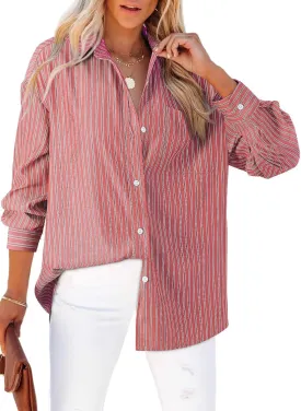 Astylish Women Blouses Oversized Striped Shirt Long Sleeve V Neck Button Down Work Tops