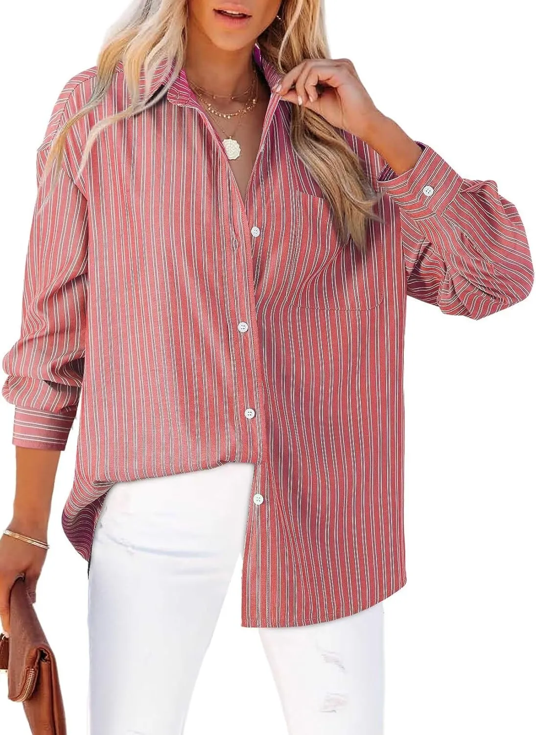 Astylish Women Blouses Oversized Striped Shirt Long Sleeve V Neck Button Down Work Tops