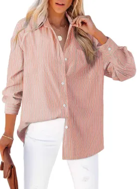 Astylish Women Blouses Oversized Striped Shirt Long Sleeve V Neck Button Down Work Tops