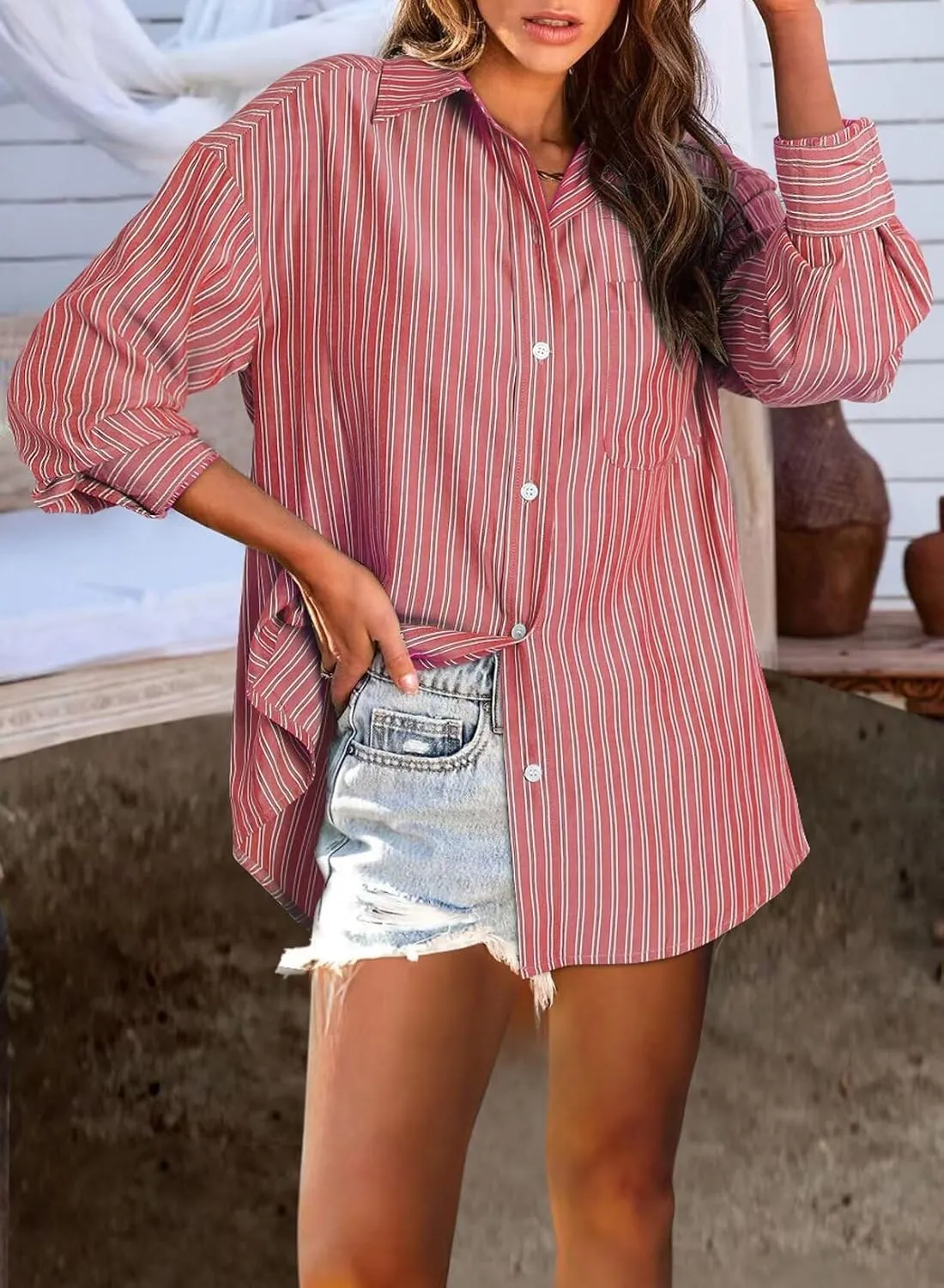 Astylish Women Blouses Oversized Striped Shirt Long Sleeve V Neck Button Down Work Tops