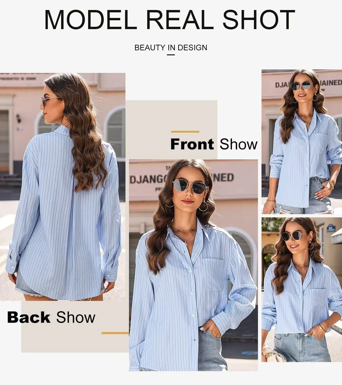 Astylish Women Blouses Oversized Striped Shirt Long Sleeve V Neck Button Down Work Tops
