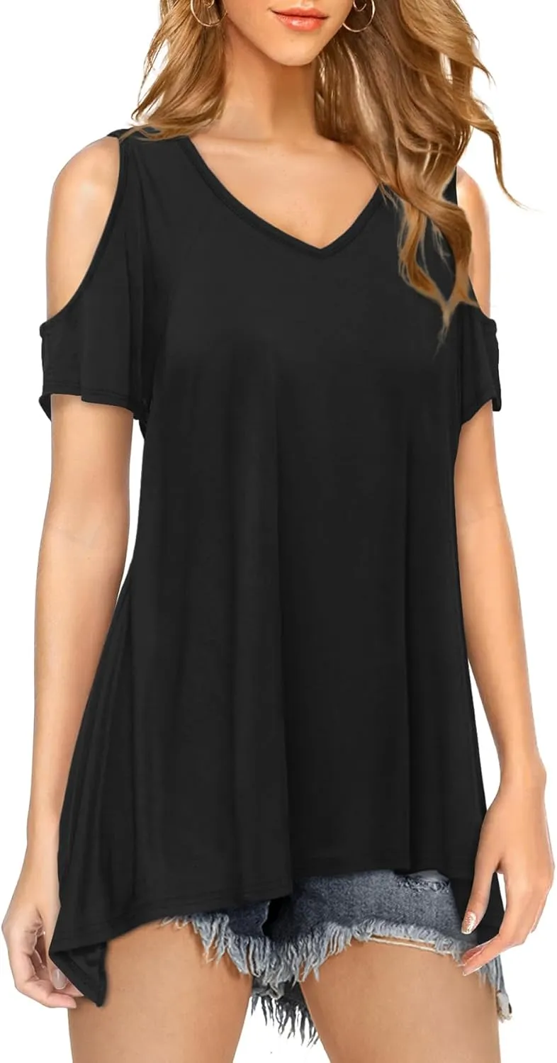 Beluring Womens Cold Shoulder Tops Summer Short Sleeve V Neck Casual Tunic Tee Shirts