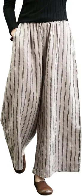 chouyatou Women's Summer Casual Striped Linen Pants Culottes Cotton Wide Leg Cropped Palazzo Pants