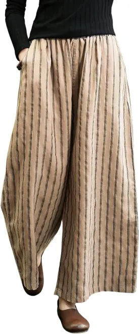 chouyatou Women's Summer Casual Striped Linen Pants Culottes Cotton Wide Leg Cropped Palazzo Pants