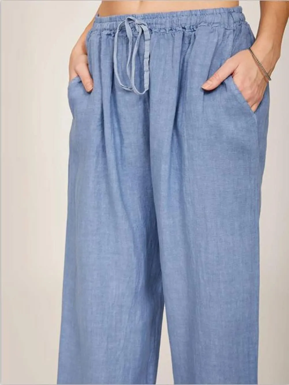 chouyatou Women's Summer Loose Drawstring Waist Beach Linen Wide Leg Pants Palazzo