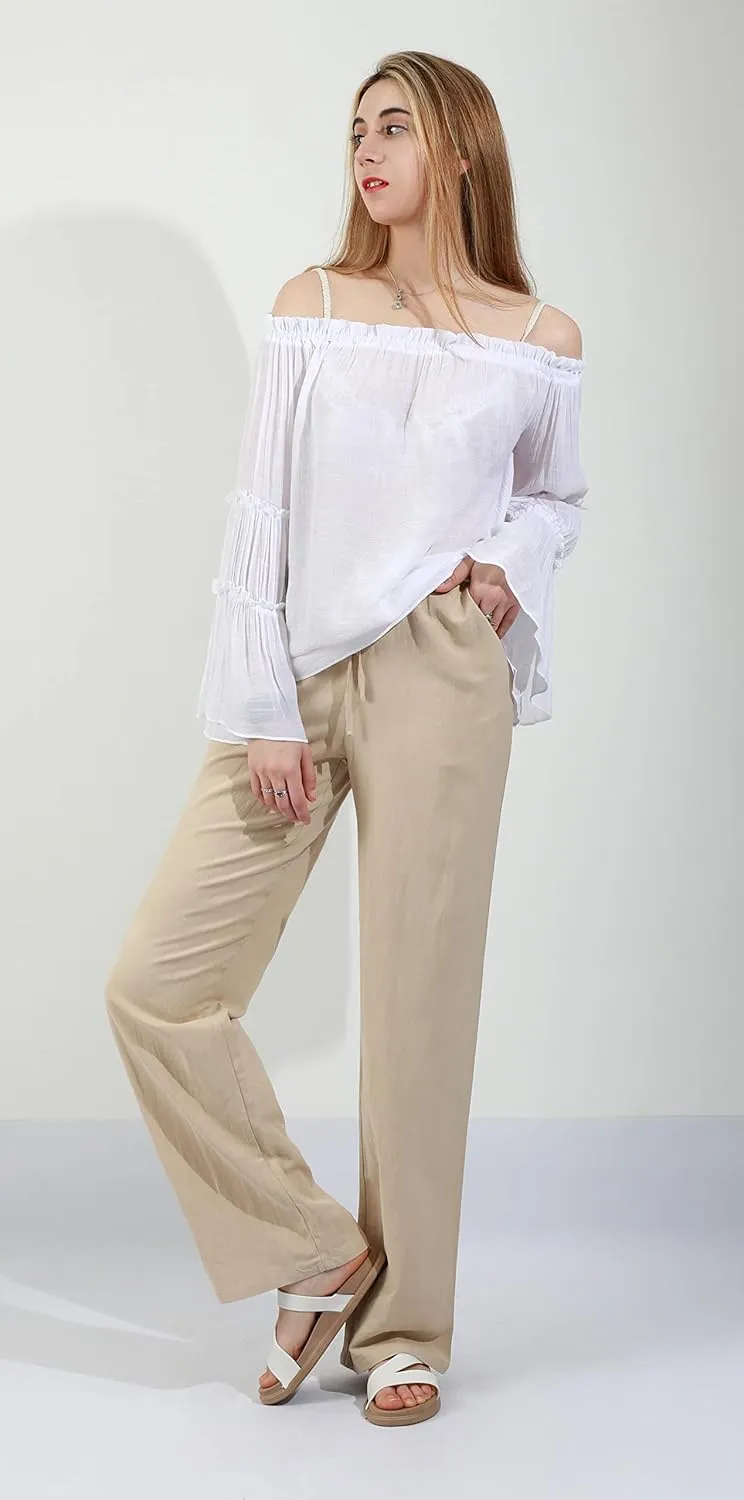 chouyatou Women's Summer Loose Drawstring Waist Beach Linen Wide Leg Pants Palazzo