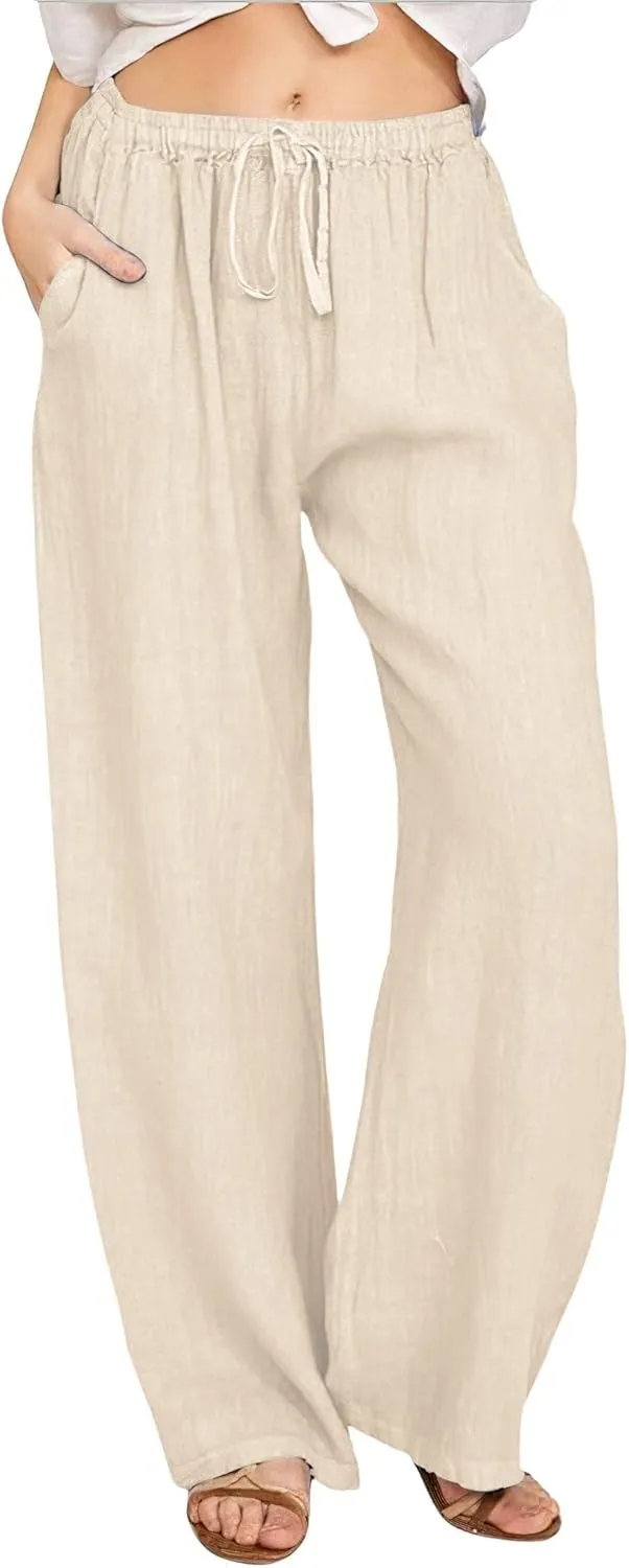 chouyatou Women's Summer Loose Drawstring Waist Beach Linen Wide Leg Pants Palazzo
