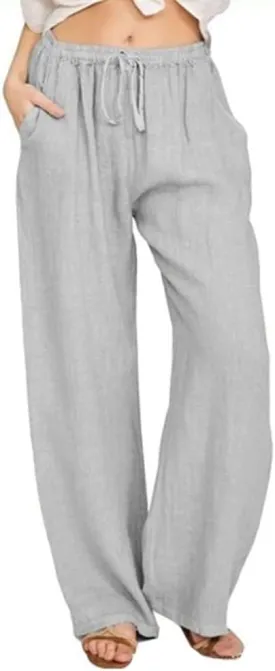 chouyatou Women's Summer Loose Drawstring Waist Beach Linen Wide Leg Pants Palazzo