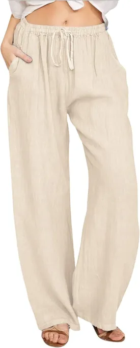 chouyatou Women's Summer Loose Drawstring Waist Beach Linen Wide Leg Pants Palazzo