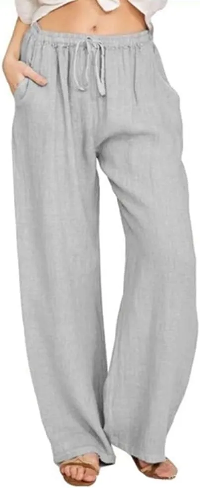chouyatou Women's Summer Loose Drawstring Waist Beach Linen Wide Leg Pants Palazzo
