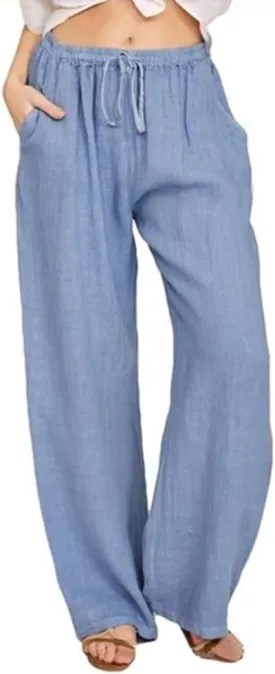 chouyatou Women's Summer Loose Drawstring Waist Beach Linen Wide Leg Pants Palazzo