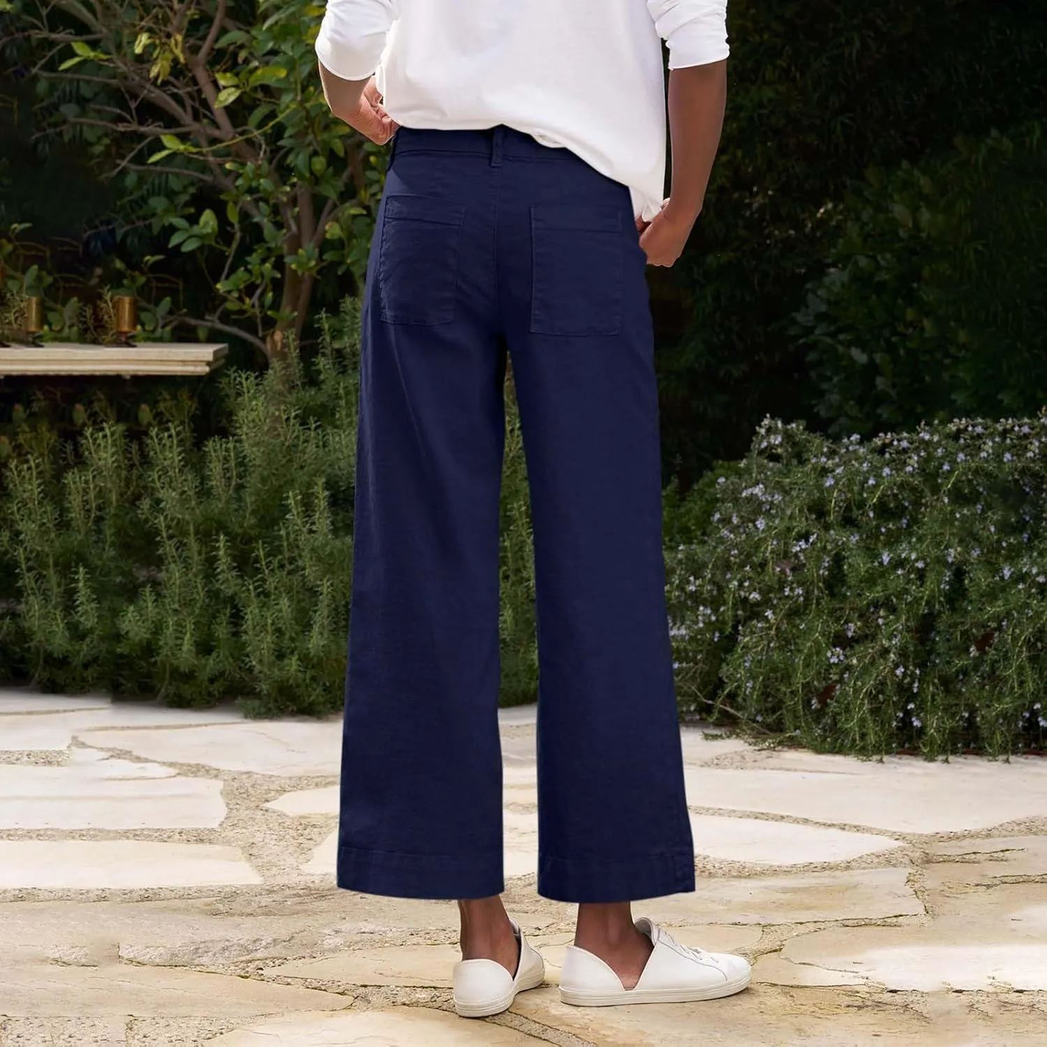 Cropped Linen Pants Women Elastic Waist Teacher Pants Lightweight Summer Comfy Capri Work Pants Loose Ankle Pants