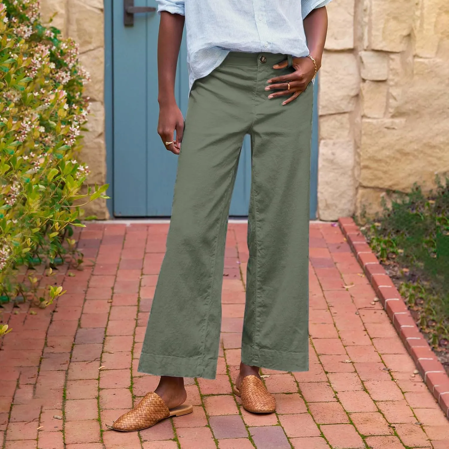 Cropped Linen Pants Women Elastic Waist Teacher Pants Lightweight Summer Comfy Capri Work Pants Loose Ankle Pants