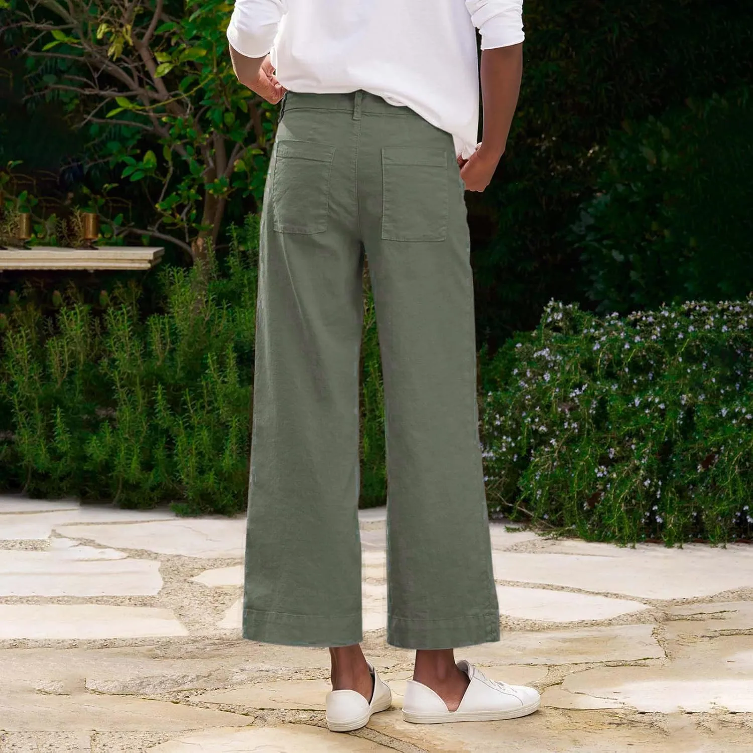 Cropped Linen Pants Women Elastic Waist Teacher Pants Lightweight Summer Comfy Capri Work Pants Loose Ankle Pants