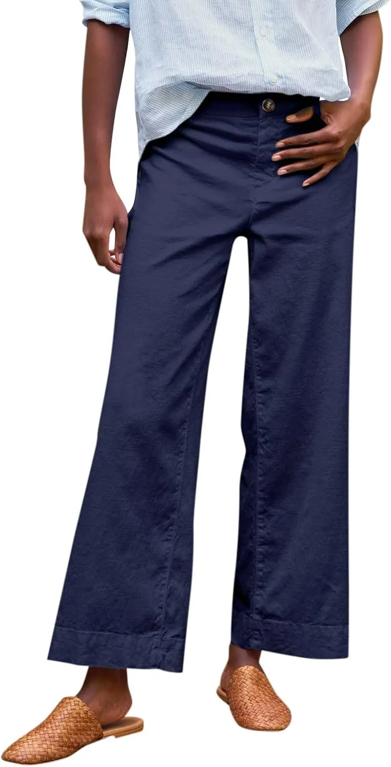 Cropped Linen Pants Women Elastic Waist Teacher Pants Lightweight Summer Comfy Capri Work Pants Loose Ankle Pants