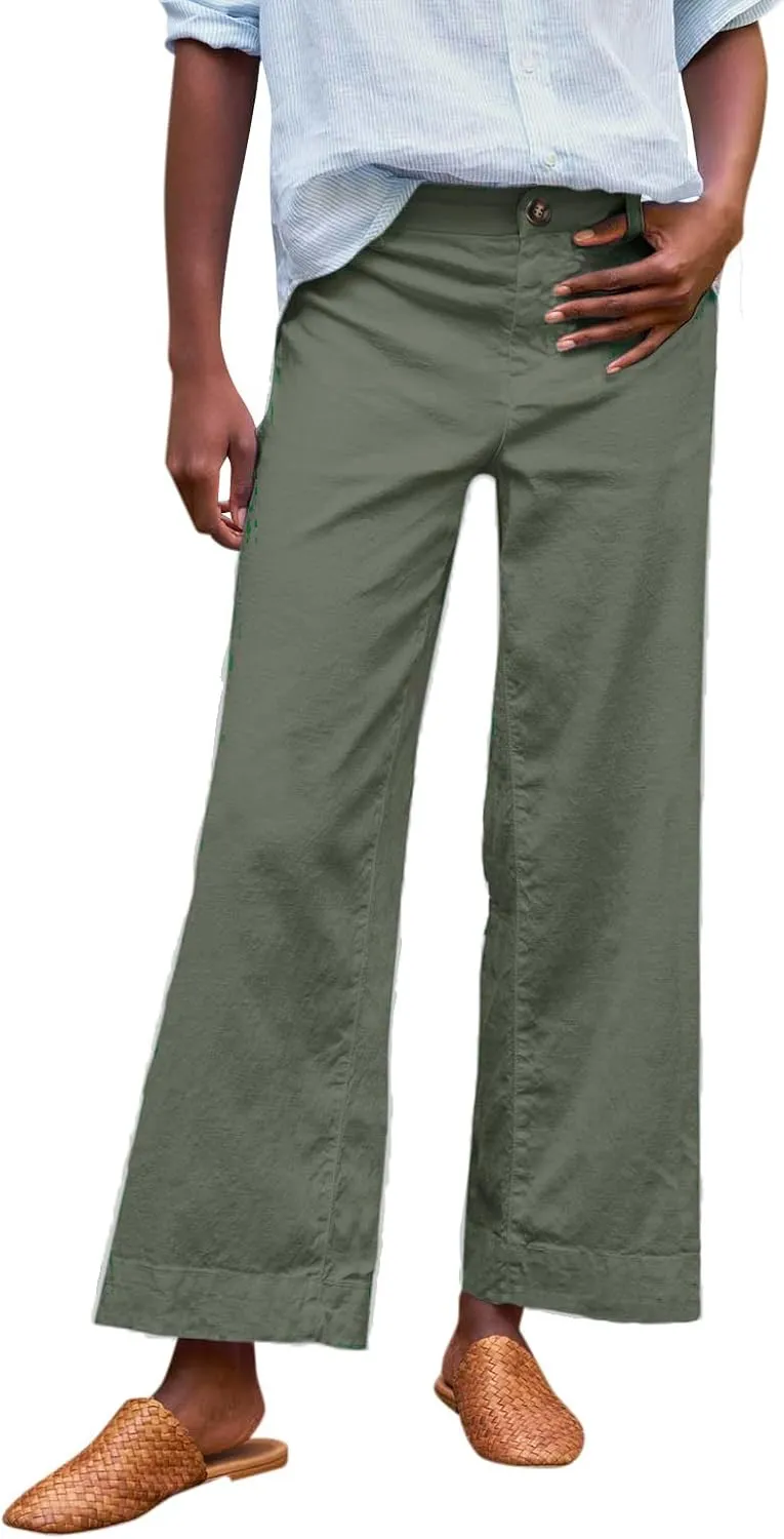 Cropped Linen Pants Women Elastic Waist Teacher Pants Lightweight Summer Comfy Capri Work Pants Loose Ankle Pants