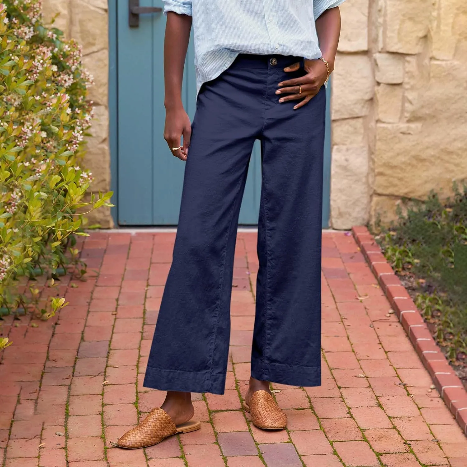 Cropped Linen Pants Women Elastic Waist Teacher Pants Lightweight Summer Comfy Capri Work Pants Loose Ankle Pants