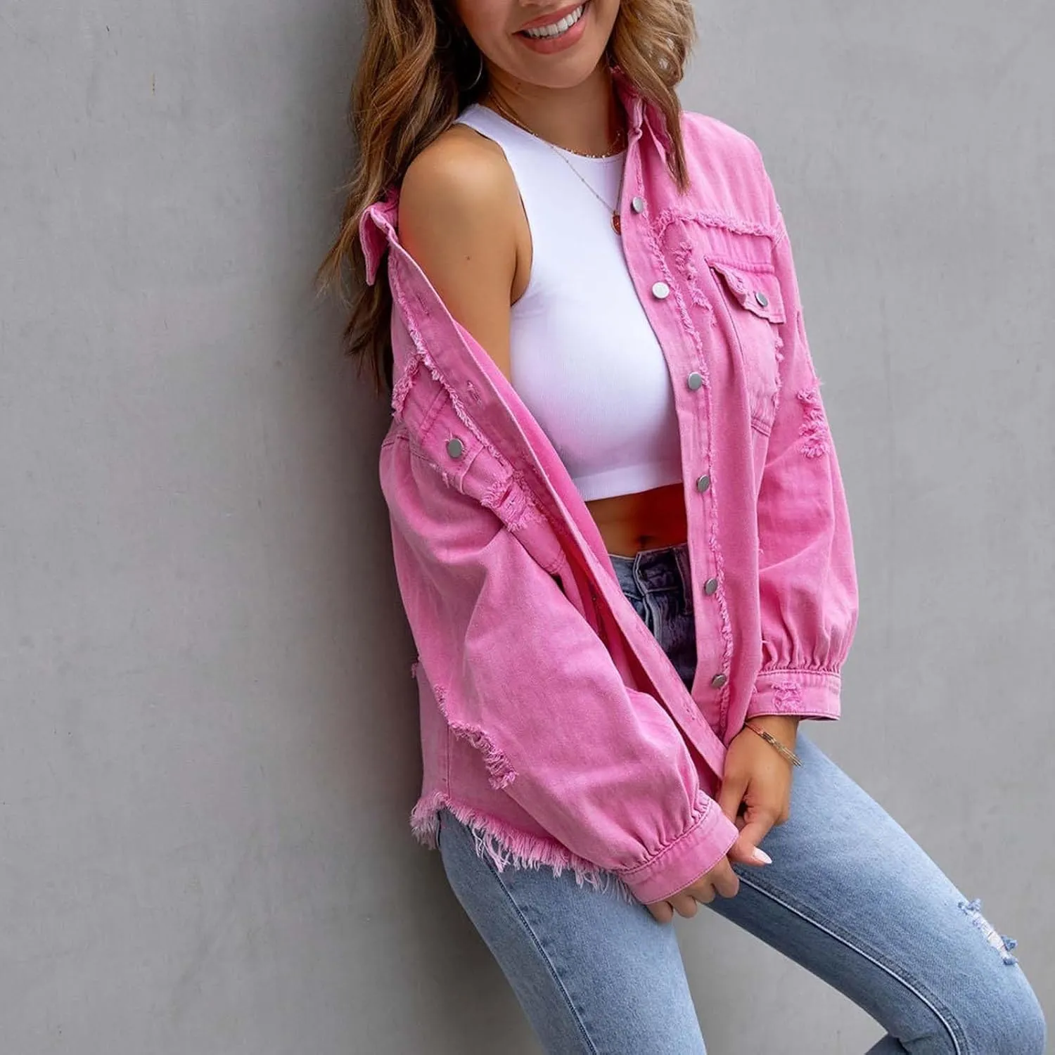 Denim Jacket for Women Oversized Frayed Hem Jean Jacket Ripped Distressed Shacket Casual Button Down Boyfriend Shirt