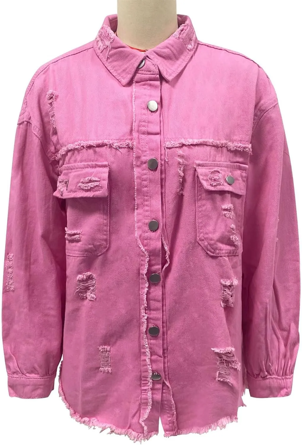 Denim Jacket for Women Oversized Frayed Hem Jean Jacket Ripped Distressed Shacket Casual Button Down Boyfriend Shirt