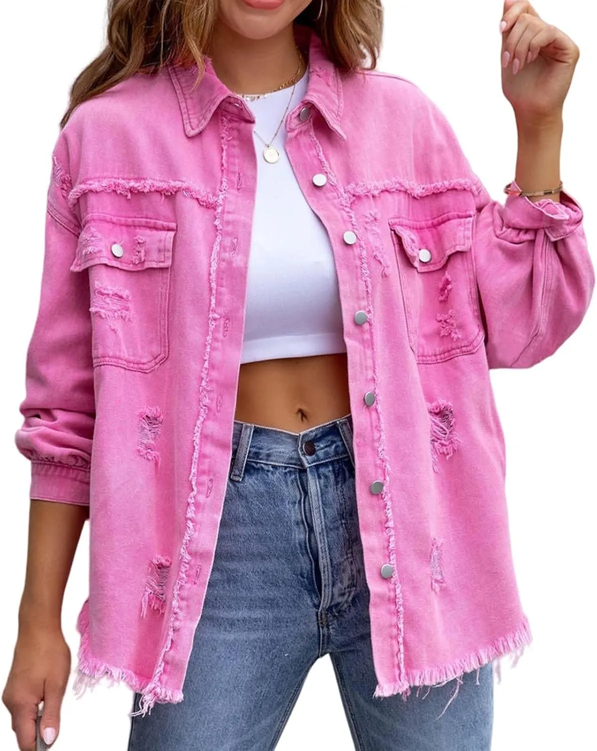Denim Jacket for Women Oversized Frayed Hem Jean Jacket Ripped Distressed Shacket Casual Button Down Boyfriend Shirt