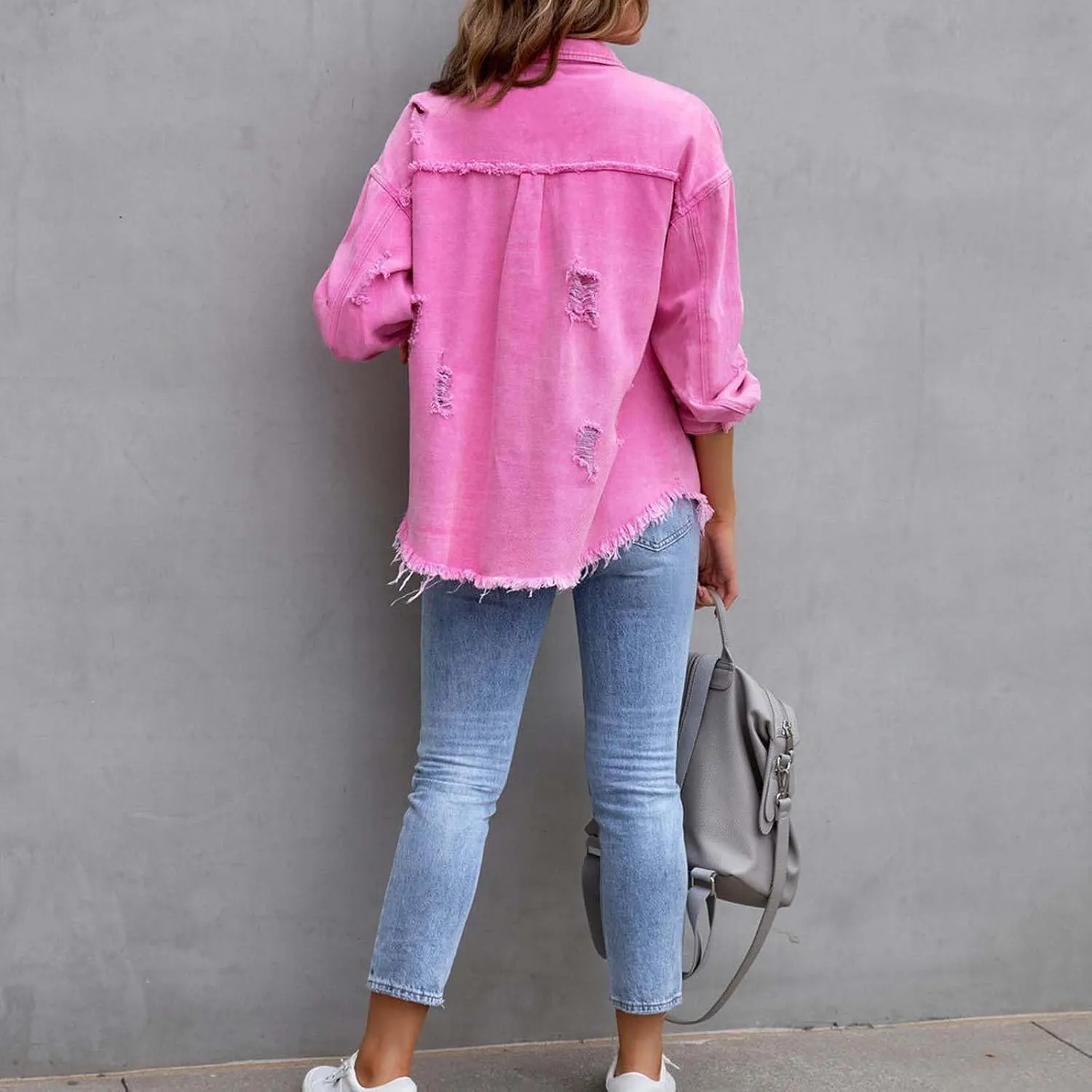 Denim Jacket for Women Oversized Frayed Hem Jean Jacket Ripped Distressed Shacket Casual Button Down Boyfriend Shirt