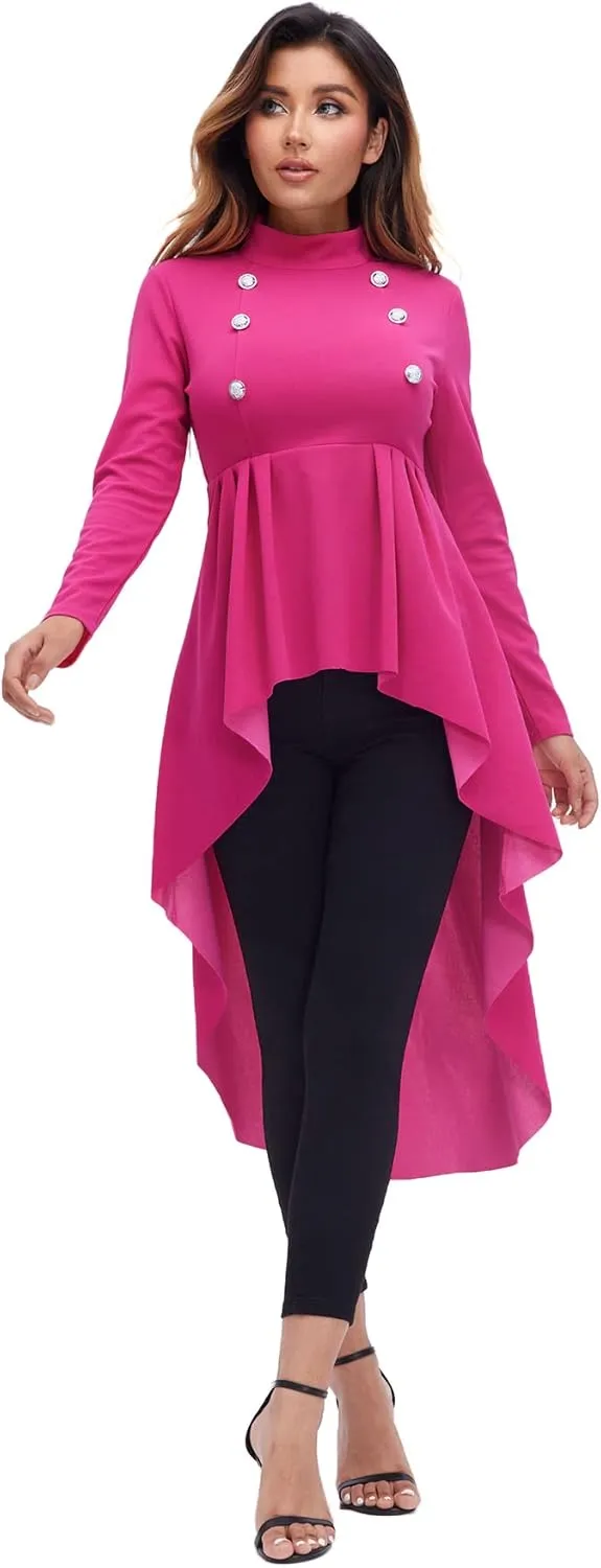 Floerns Women's Double Button Long Sleeve Round Neck Asymmetrical Blouse Tops
