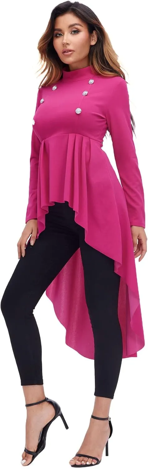 Floerns Women's Double Button Long Sleeve Round Neck Asymmetrical Blouse Tops