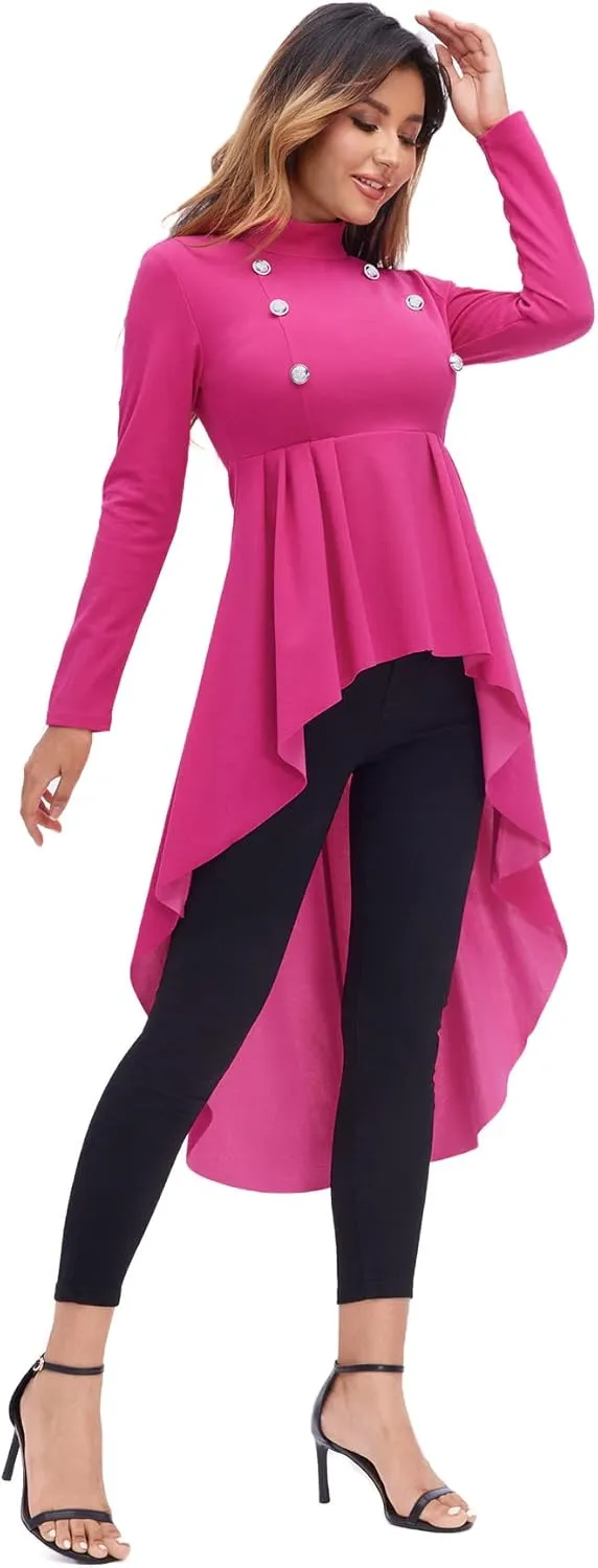 Floerns Women's Double Button Long Sleeve Round Neck Asymmetrical Blouse Tops